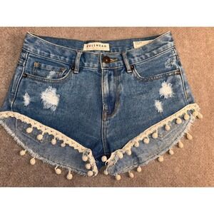 Bullhead High Rise 100% Cotton Denim Shorts Size 1 Distressed Pom Pom 2" Inseam